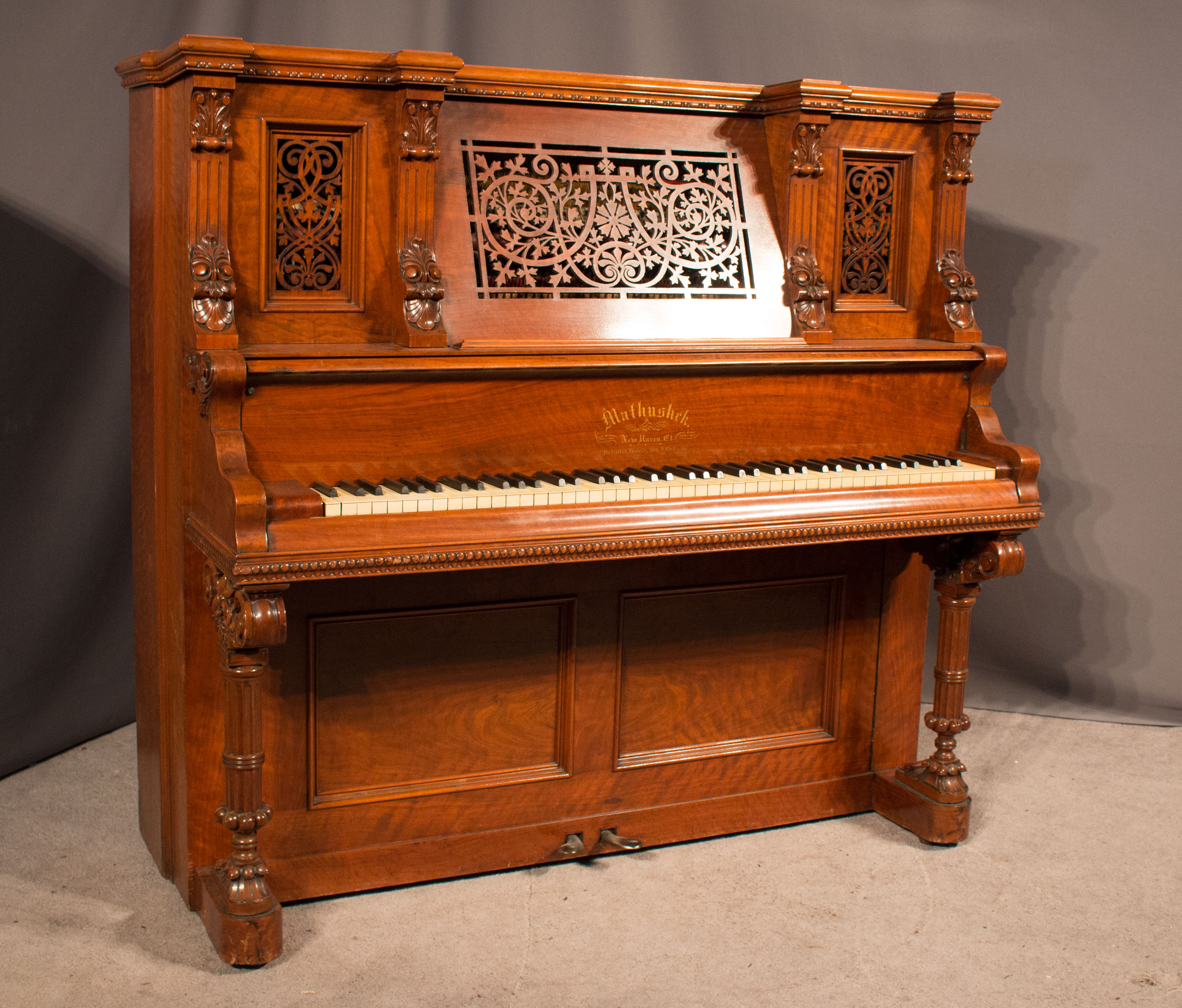 Mathushek Walnut Victorian Upright Piano - Antique Piano Shop